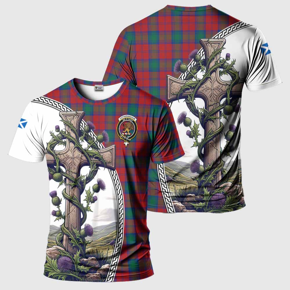 Tartan Vibes Clothing Fotheringham (Fotheringhame) Agnew Tartan T-Shirt with Family Crest and St. Andrew's Cross Accented by Thistle Vines