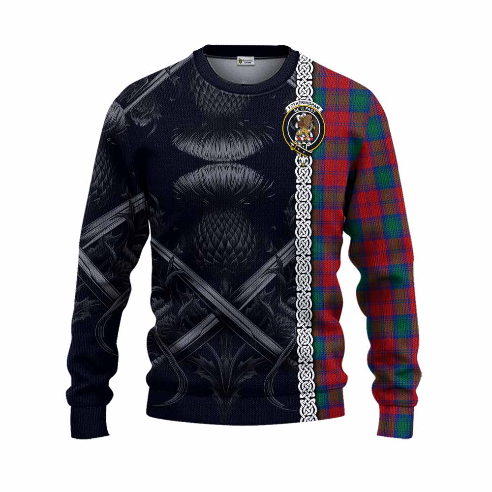 Tartan Vibes Clothing Fotheringham (Fotheringhame) Tartan Knitted Sweater with Family Crest Cross Sword Thistle Celtic Vibes