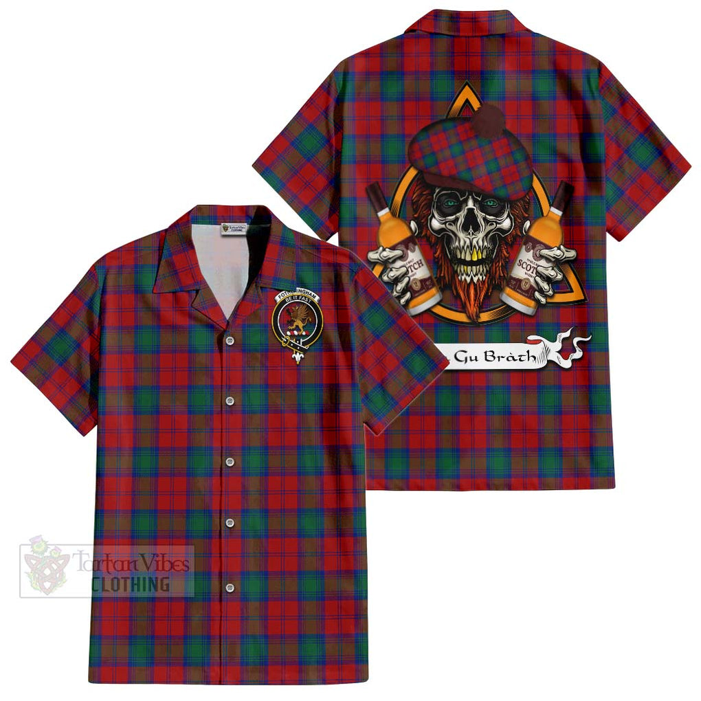 Tartan Vibes Clothing Fotheringham (Fotheringhame) Tartan Short Sleeve Button Shirt with Family Crest and Bearded Skull Holding Bottles of Whiskey