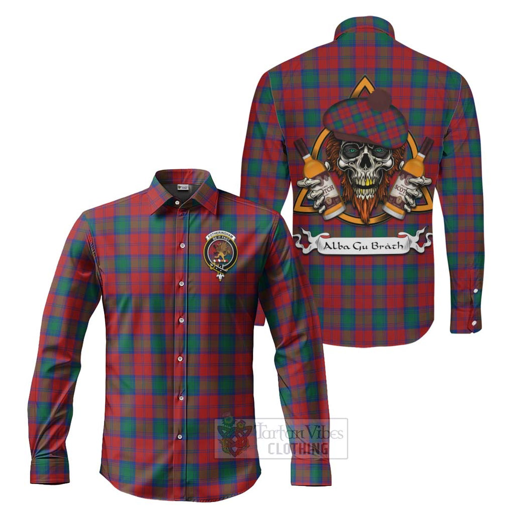 Tartan Vibes Clothing Fotheringham (Fotheringhame) Tartan Long Sleeve Button Shirt with Family Crest and Bearded Skull Holding Bottles of Whiskey