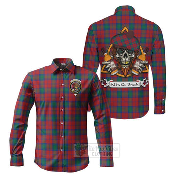 Fotheringham (Fotheringhame) Tartan Long Sleeve Button Shirt with Family Crest and Bearded Skull Holding Bottles of Whiskey