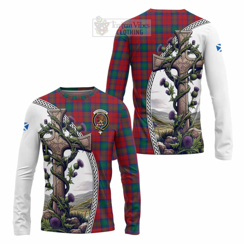 Tartan Vibes Clothing Fotheringham (Fotheringhame) Tartan Long Sleeve T-Shirt with Family Crest and St. Andrew's Cross Accented by Thistle Vines