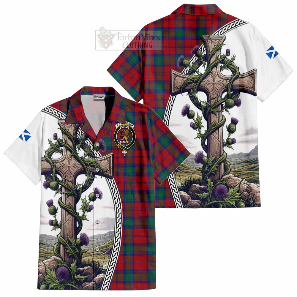 Tartan Vibes Clothing Fotheringham (Fotheringhame) Tartan Short Sleeve Button Shirt with Family Crest and St. Andrew's Cross Accented by Thistle Vines