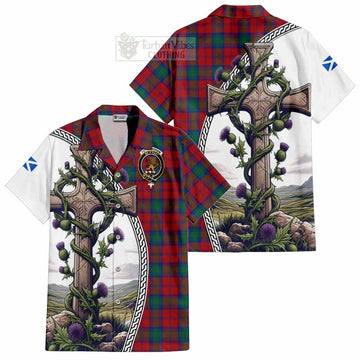 Fotheringham (Fotheringhame) Tartan Short Sleeve Button Shirt with Family Crest and St. Andrew's Cross Accented by Thistle Vines