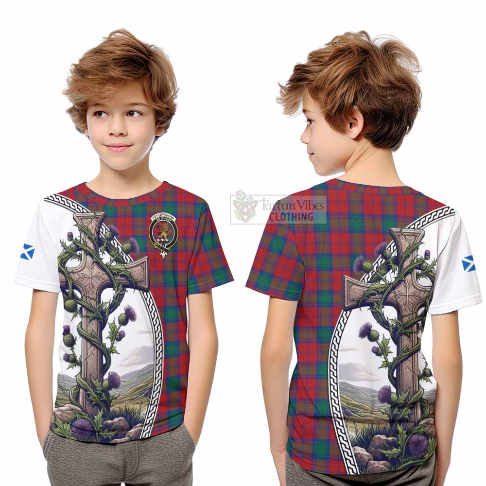 Tartan Vibes Clothing Fotheringham (Fotheringhame) Tartan Kid T-Shirt with Family Crest and St. Andrew's Cross Accented by Thistle Vines