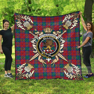 Fotheringham (Fotheringhame) Tartan Quilt with Family Crest and Golden Thistle Crossed Sword Design