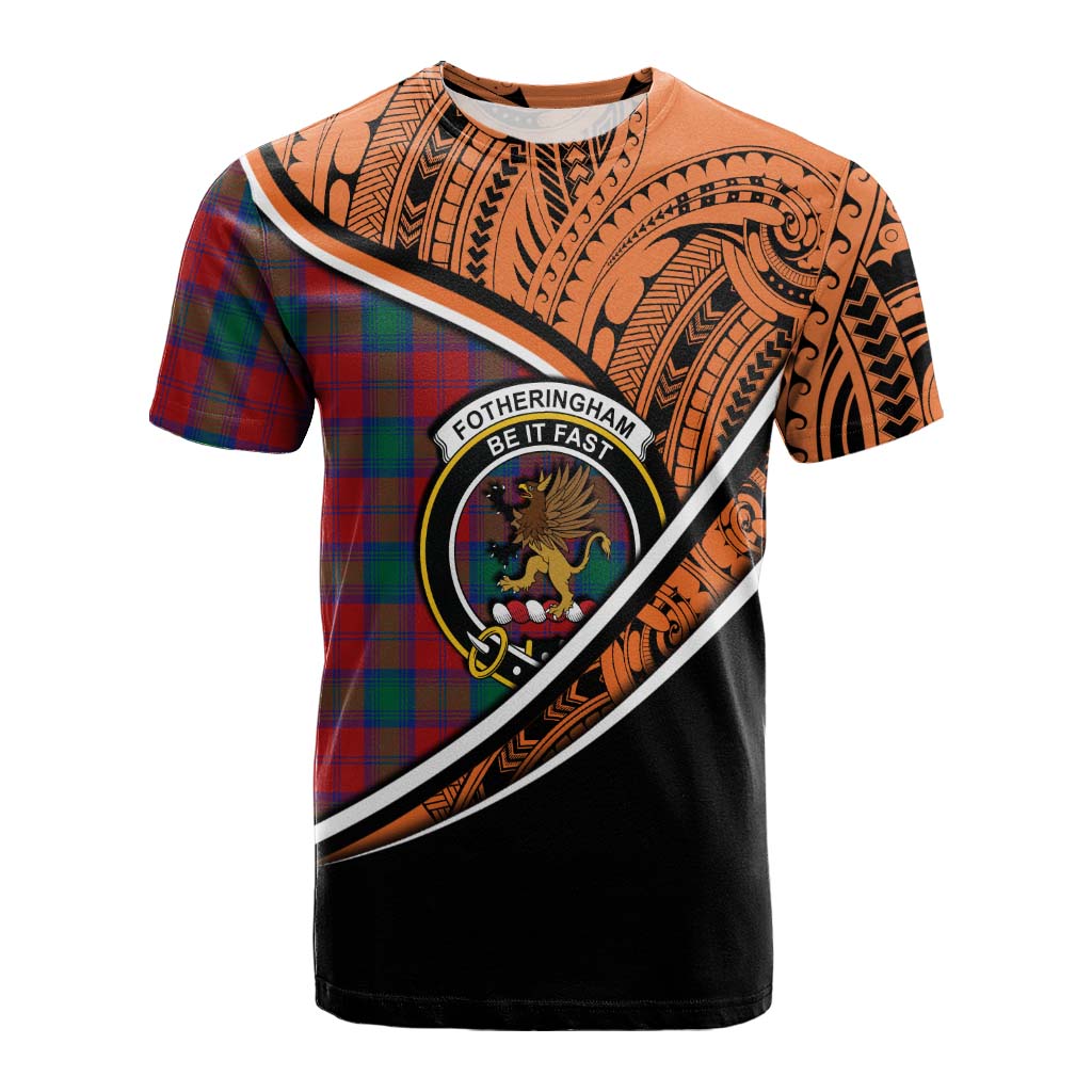 Tartan Vibes Clothing Fotheringham (Fotheringhame) Crest Tartan Cotton T-shirt with Maori Tattoo Style - Orange Version