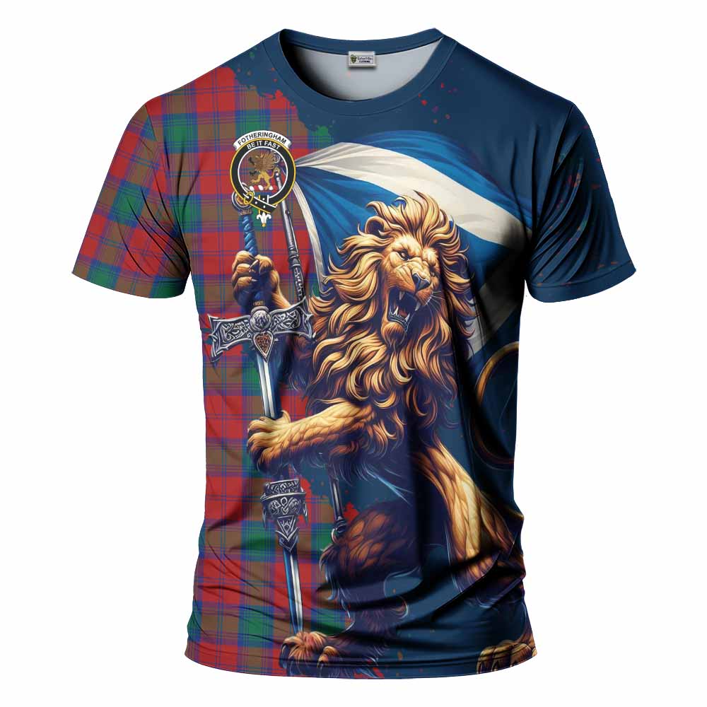 Tartan Vibes Clothing Fotheringham (Fotheringhame) Tartan Family Crest T-Shirt with Scottish Majestic Lion