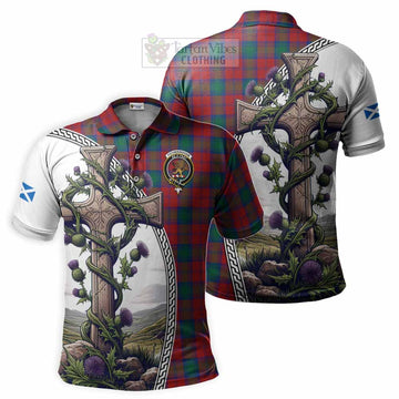 Fotheringham (Fotheringhame) Tartan Polo Shirt with Family Crest and St. Andrew's Cross Accented by Thistle Vines