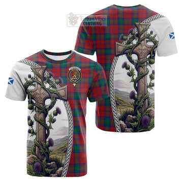 Fotheringham (Fotheringhame) Tartan Cotton T-shirt with Family Crest and St. Andrew's Cross Accented by Thistle Vines