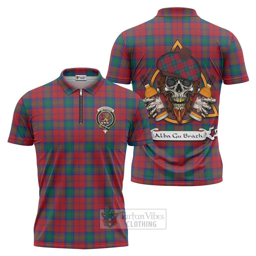 Tartan Vibes Clothing Fotheringham (Fotheringhame) Tartan Zipper Polo Shirt with Family Crest and Bearded Skull Holding Bottles of Whiskey