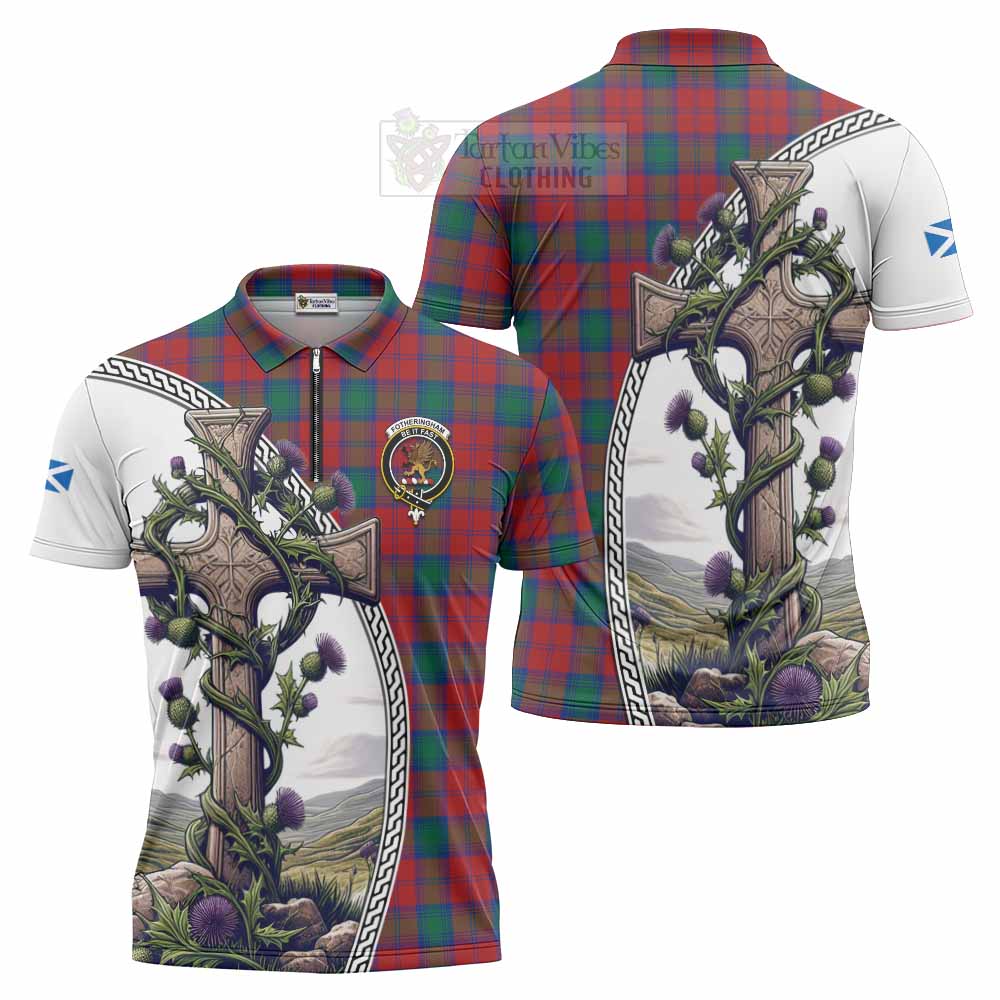 Tartan Vibes Clothing Fotheringham (Fotheringhame) Tartan Zipper Polo Shirt with Family Crest and St. Andrew's Cross Accented by Thistle Vines