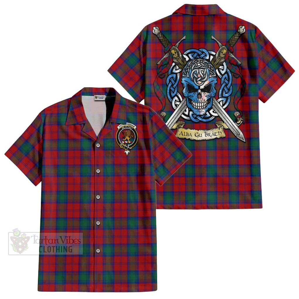 Tartan Vibes Clothing Fotheringham (Fotheringhame) Tartan Short Sleeve Button Shirt with Family Crest Celtic Skull Style