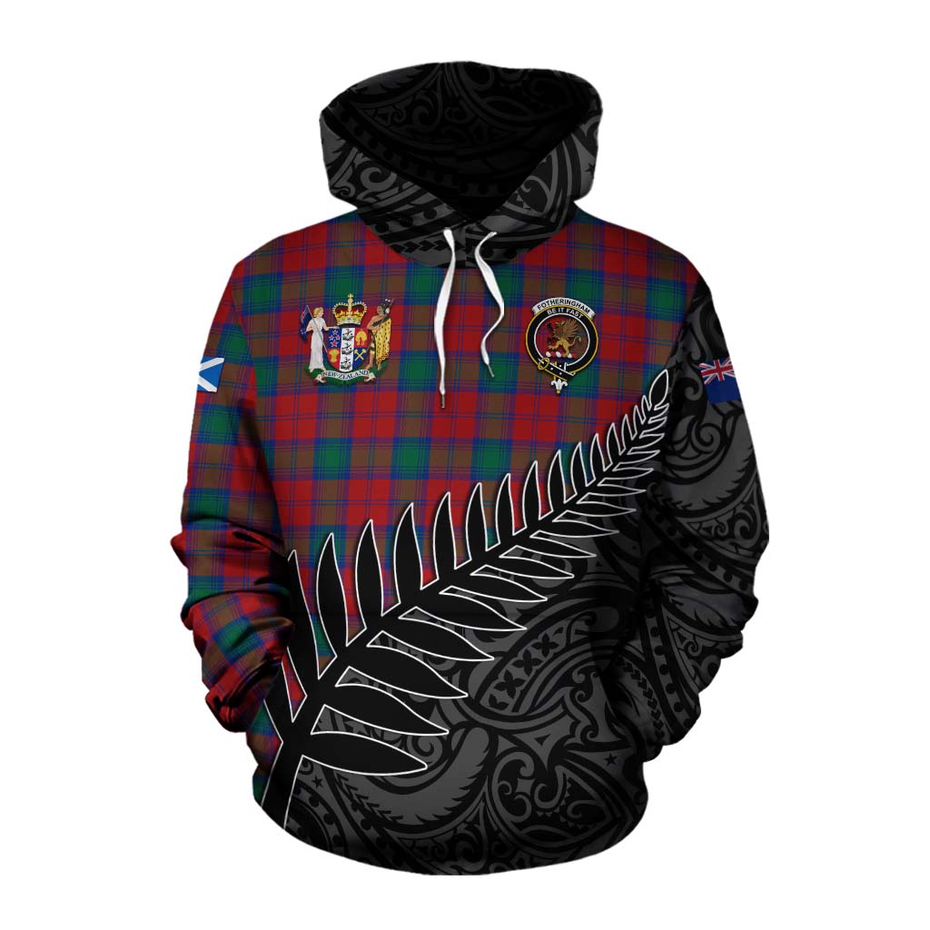 Tartan Vibes Clothing Fotheringham (Fotheringhame) Crest Tartan Cotton Hoodie with New Zealand Silver Fern Half Style