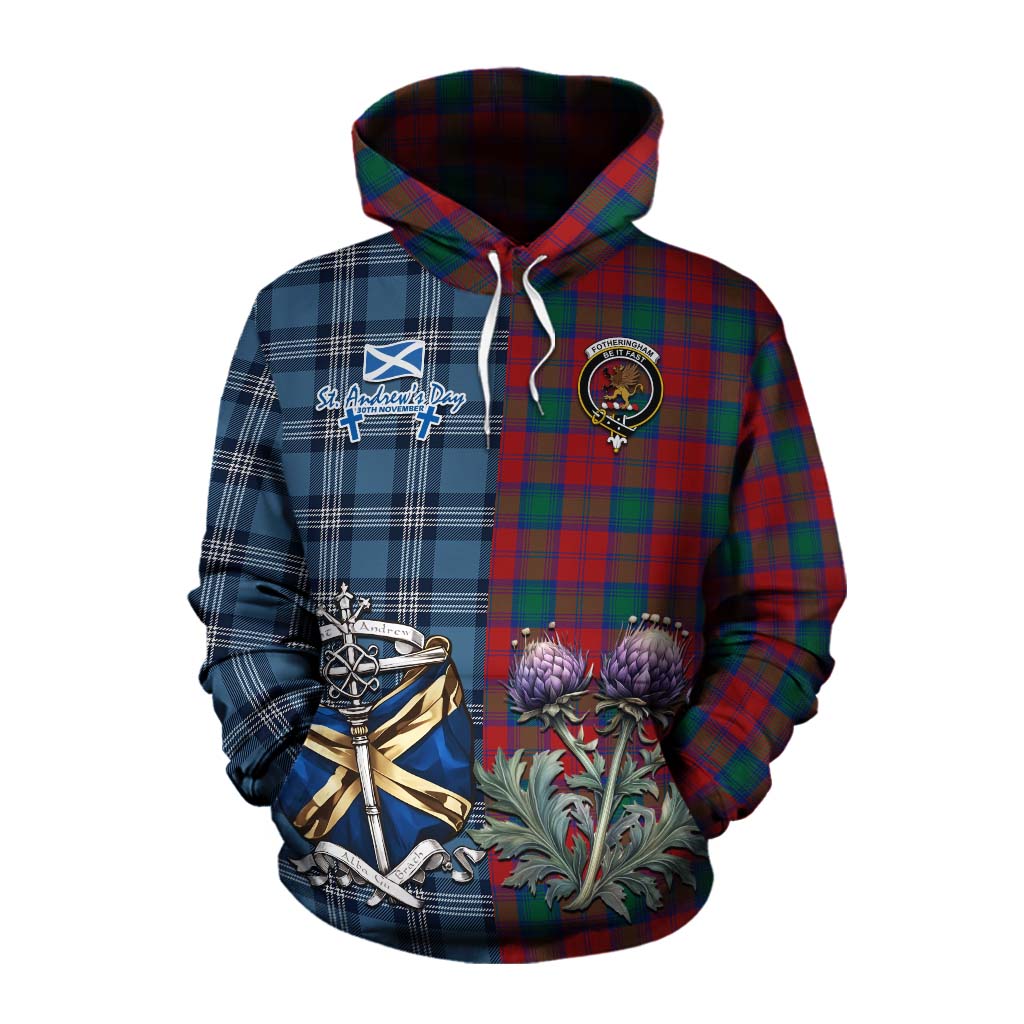 Tartan Vibes Clothing Fotheringham (Fotheringhame) Tartan Cotton Hoodie Happy St. Andrew's Day Half Tartan Style