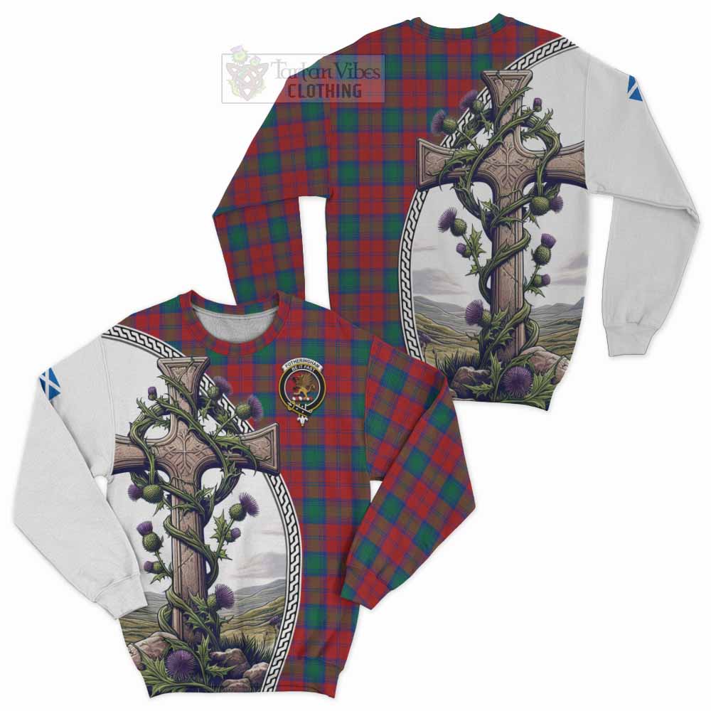 Tartan Vibes Clothing Fotheringham (Fotheringhame) Tartan Sweatshirt with Family Crest and St. Andrew's Cross Accented by Thistle Vines