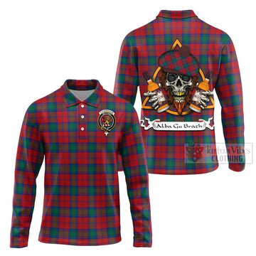 Fotheringham (Fotheringhame) Tartan Long Sleeve Polo Shirt with Family Crest and Bearded Skull Holding Bottles of Whiskey