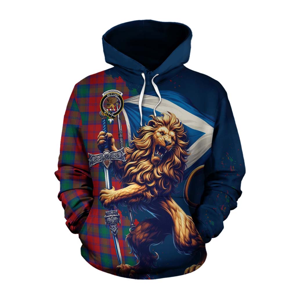 Tartan Vibes Clothing Fotheringham (Fotheringhame) Tartan Family Crest Cotton Hoodie with Scottish Majestic Lion