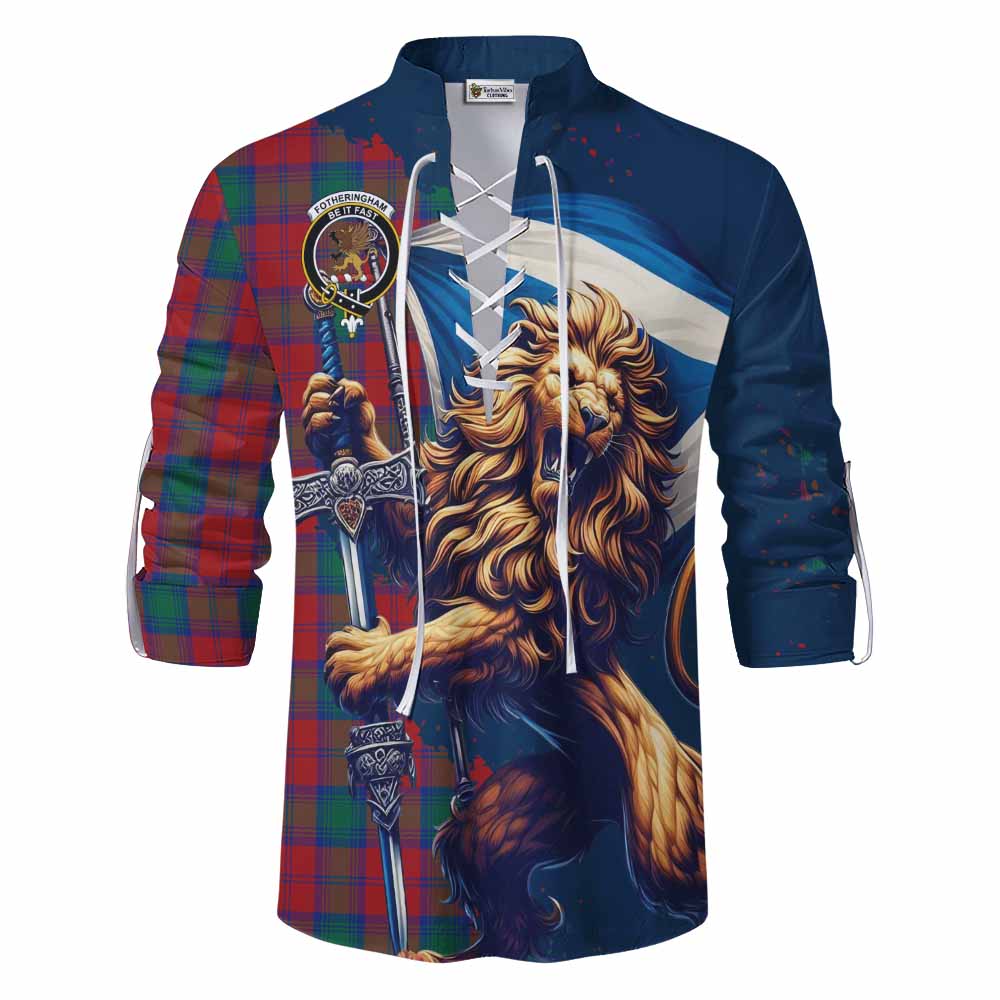 Tartan Vibes Clothing Fotheringham (Fotheringhame) Tartan Family Crest Ghillie Kilt Shirt with Scottish Majestic Lion