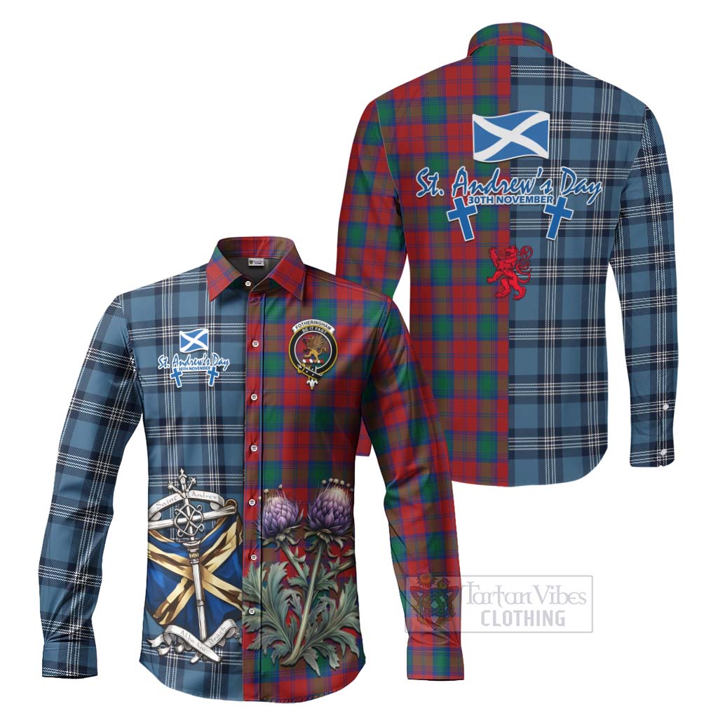 Tartan Vibes Clothing Fotheringham (Fotheringhame) Tartan Long Sleeve Button Shirt Happy St. Andrew's Day Half Tartan Style