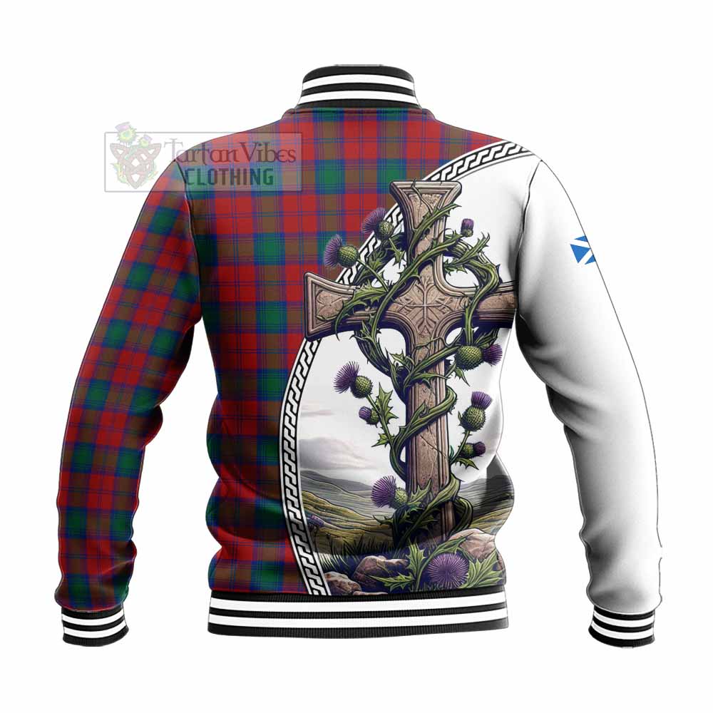 Tartan Vibes Clothing Fotheringham (Fotheringhame) Tartan Baseball Jacket with Family Crest and St. Andrew's Cross Accented by Thistle Vines