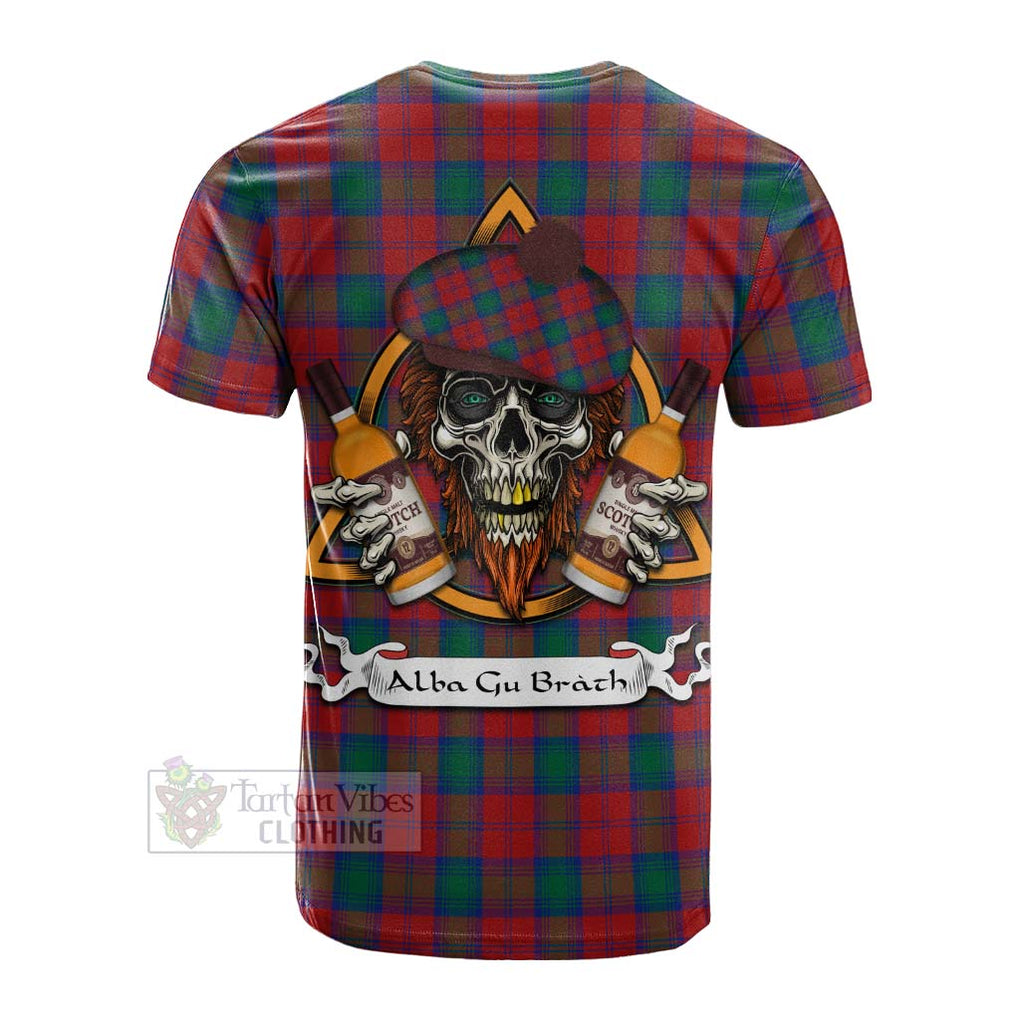 Tartan Vibes Clothing Fotheringham (Fotheringhame) Tartan Cotton T-shirt with Family Crest and Bearded Skull Holding Bottles of Whiskey