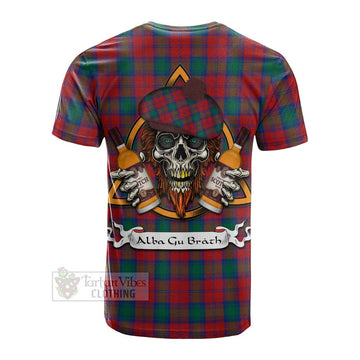 Fotheringham (Fotheringhame) Tartan Cotton T-shirt with Family Crest and Bearded Skull Holding Bottles of Whiskey