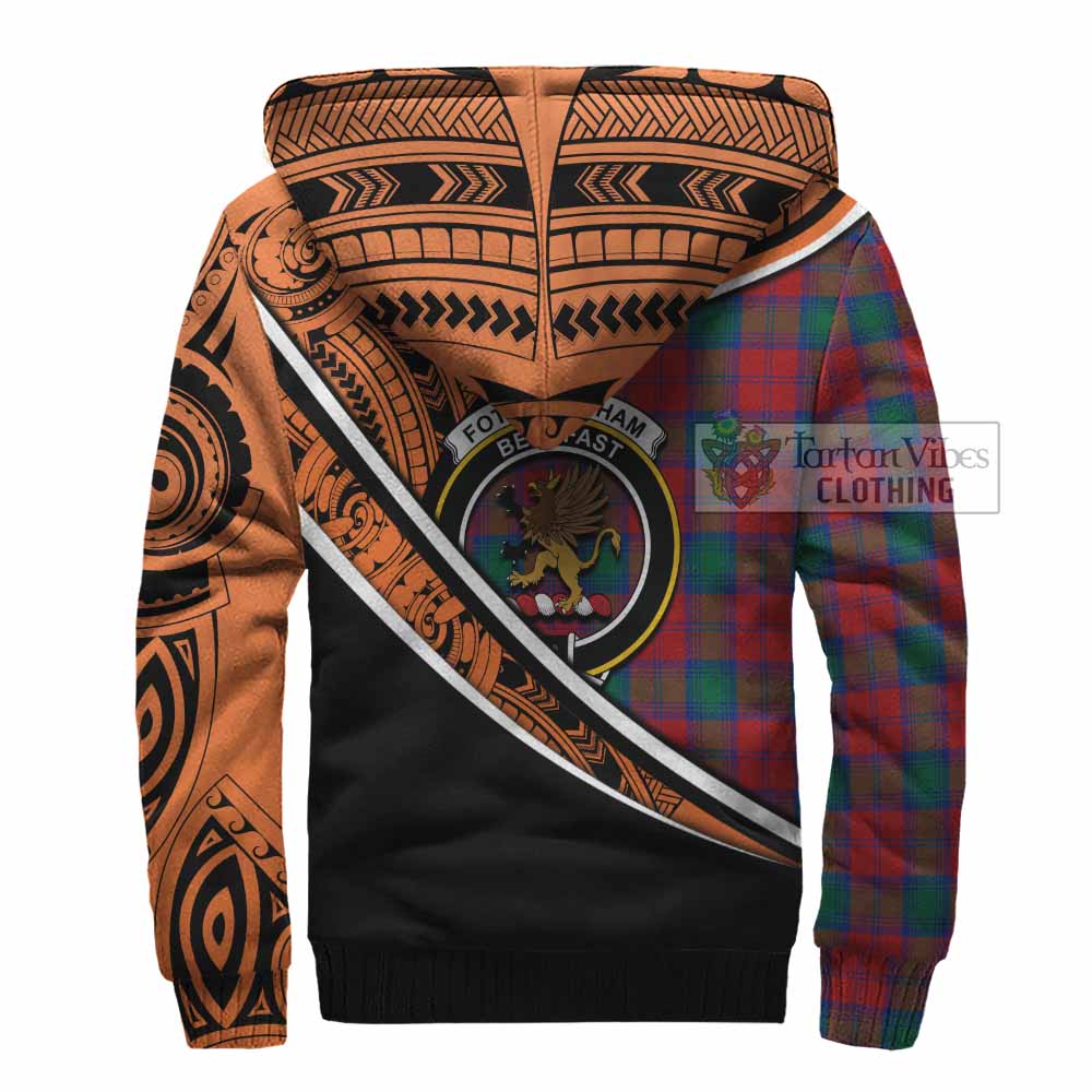 Tartan Vibes Clothing Fotheringham (Fotheringhame) Crest Tartan Sherpa Hoodie with Maori Tattoo Style - Orange Version