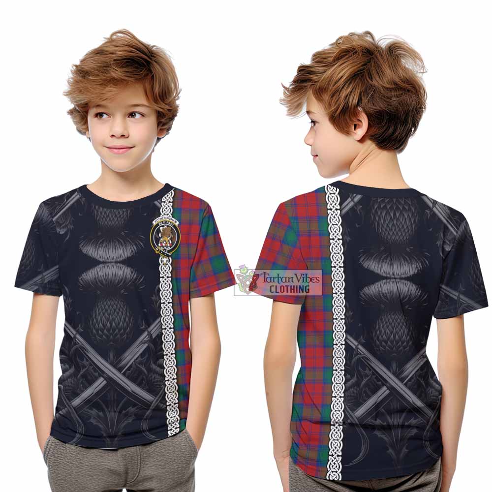 Tartan Vibes Clothing Fotheringham (Fotheringhame) Tartan Kid T-Shirt with Family Crest Cross Sword Thistle Celtic Vibes