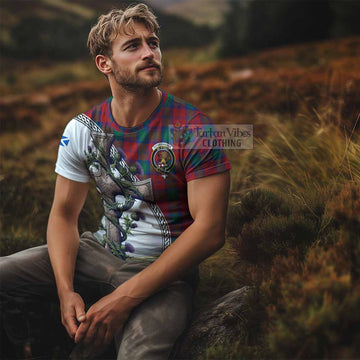 Fotheringham (Fotheringhame) Tartan T-Shirt with Family Crest and St. Andrew's Cross Accented by Thistle Vines