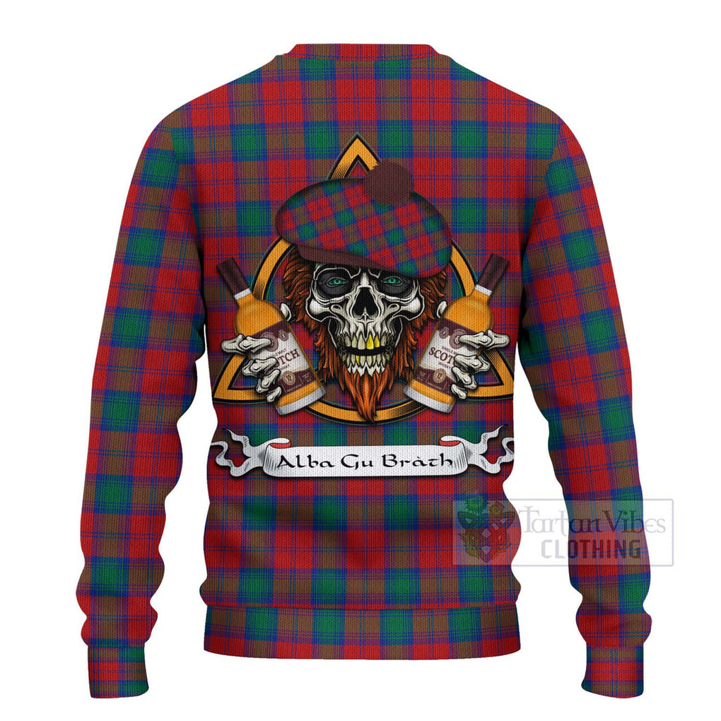 Tartan Vibes Clothing Fotheringham (Fotheringhame) Tartan Knitted Sweater with Family Crest and Bearded Skull Holding Bottles of Whiskey