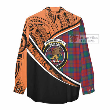 Fotheringham (Fotheringhame) Crest Tartan Women's Casual Shirt with Polynesian Vibes Style - Orange Version