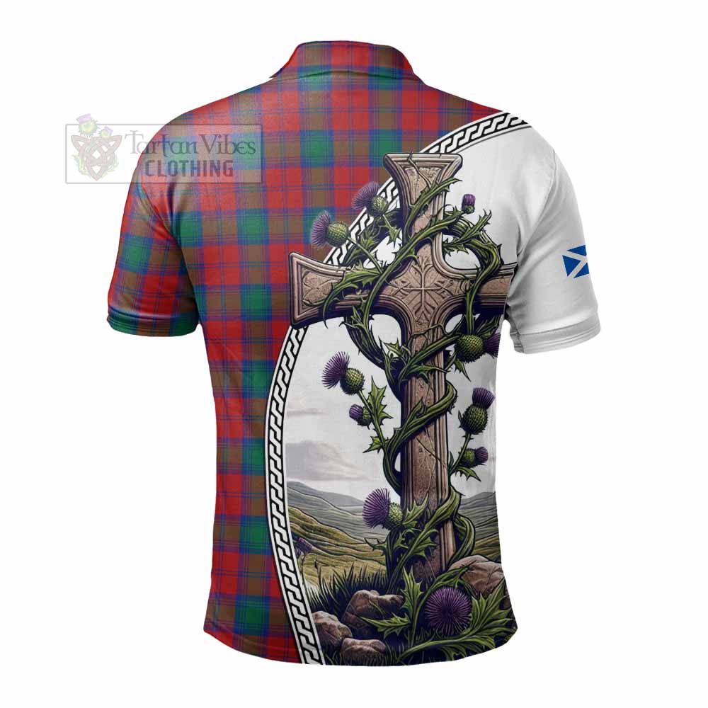 Tartan Vibes Clothing Fotheringham (Fotheringhame) Tartan Polo Shirt with Family Crest and St. Andrew's Cross Accented by Thistle Vines