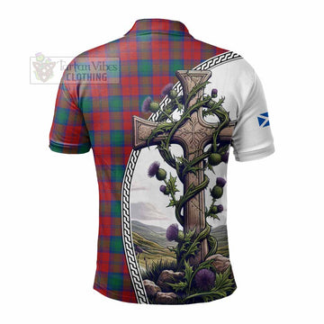 Fotheringham (Fotheringhame) Tartan Polo Shirt with Family Crest and St. Andrew's Cross Accented by Thistle Vines