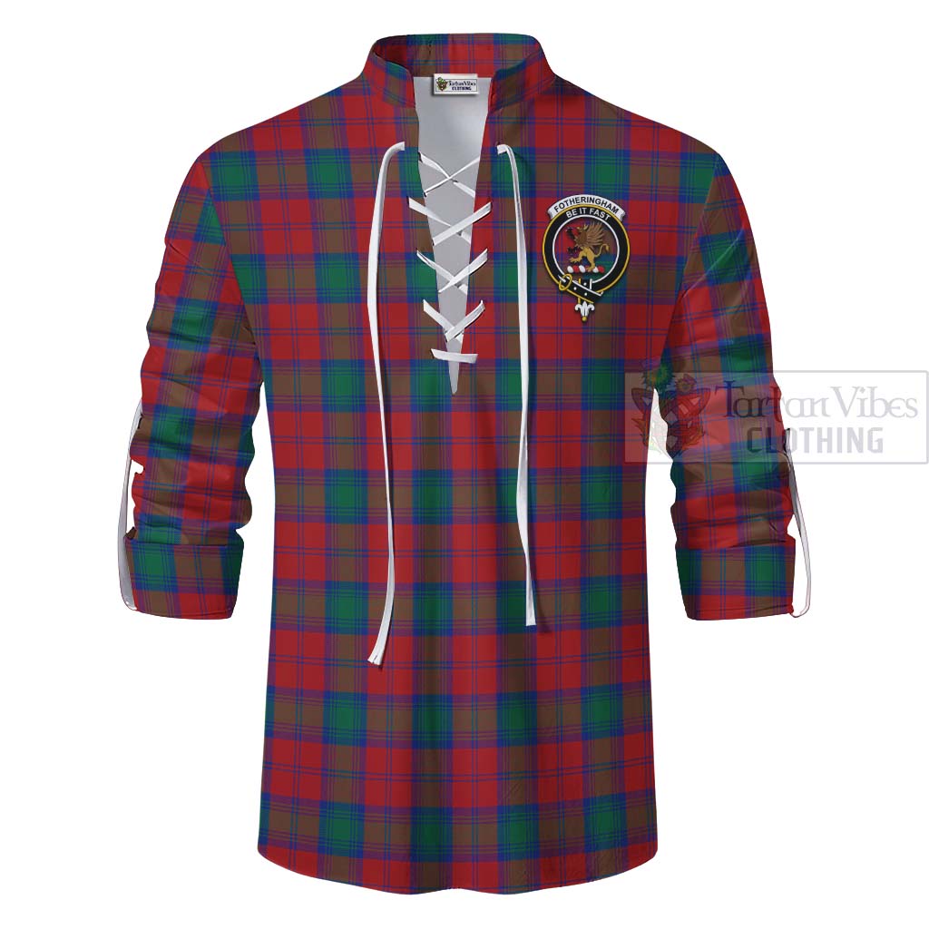 Tartan Vibes Clothing Fotheringham (Fotheringhame) Tartan Ghillie Kilt Shirt with Family Crest and Bearded Skull Holding Bottles of Whiskey