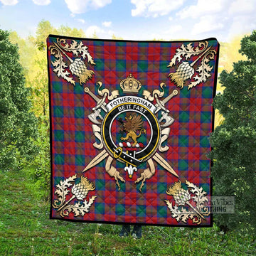 Fotheringham (Fotheringhame) Tartan Quilt with Family Crest and Golden Thistle Crossed Sword Design