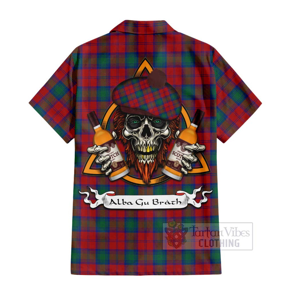 Tartan Vibes Clothing Fotheringham (Fotheringhame) Tartan Short Sleeve Button Shirt with Family Crest and Bearded Skull Holding Bottles of Whiskey