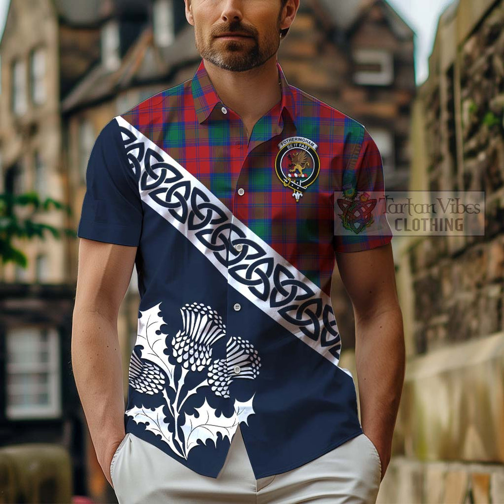 Tartan Vibes Clothing Fotheringham (Fotheringhame) Tartan Short Sleeve Button Shirt Featuring Thistle and Scotland Map