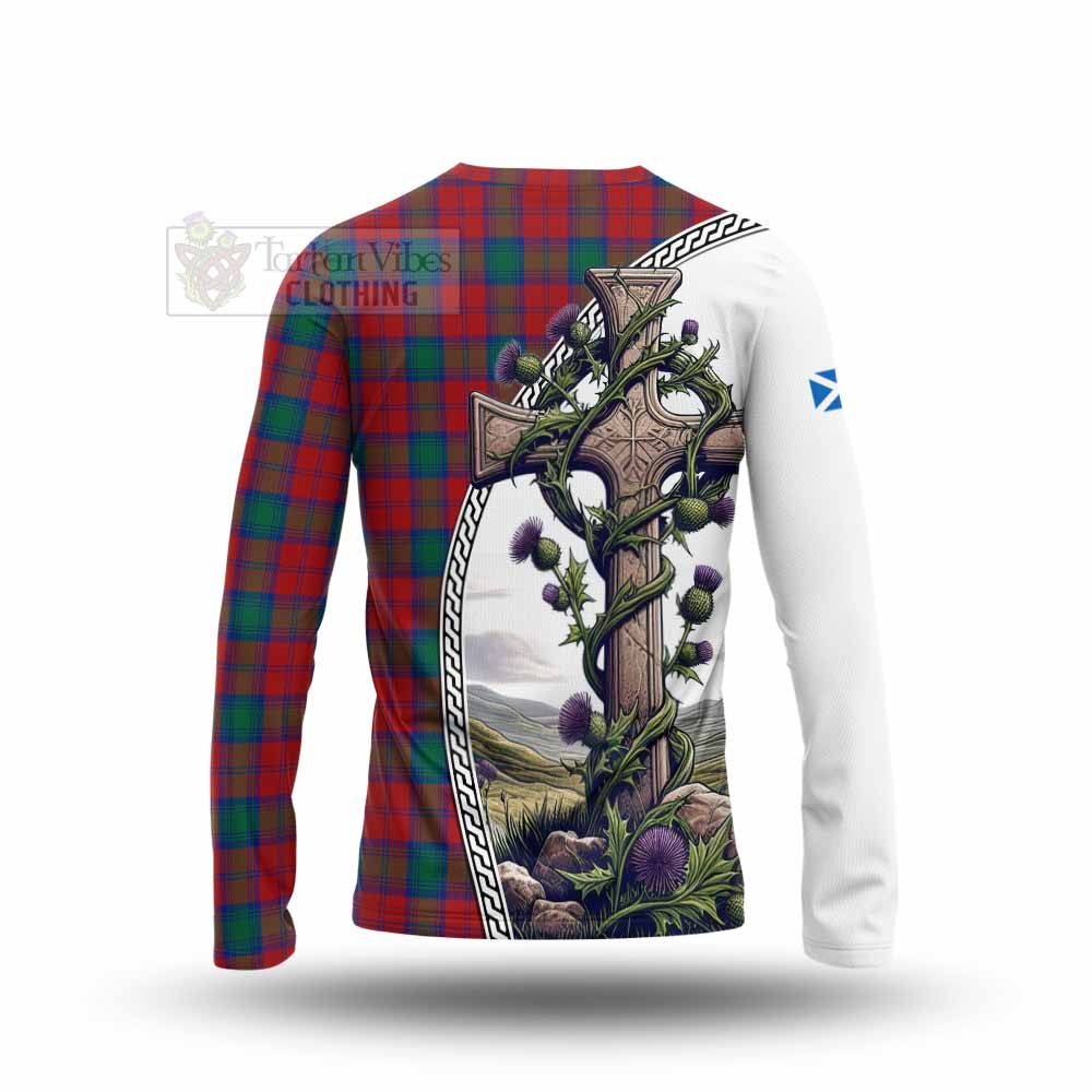 Tartan Vibes Clothing Fotheringham (Fotheringhame) Tartan Long Sleeve T-Shirt with Family Crest and St. Andrew's Cross Accented by Thistle Vines