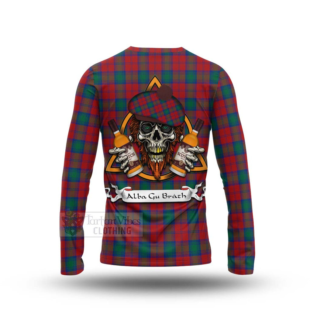 Tartan Vibes Clothing Fotheringham (Fotheringhame) Tartan Long Sleeve T-Shirt with Family Crest and Bearded Skull Holding Bottles of Whiskey