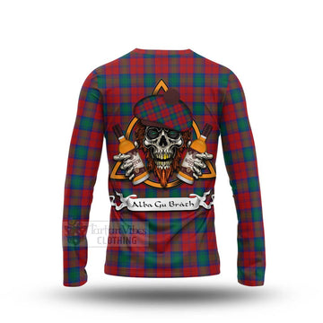 Fotheringham (Fotheringhame) Tartan Long Sleeve T-Shirt with Family Crest and Bearded Skull Holding Bottles of Whiskey