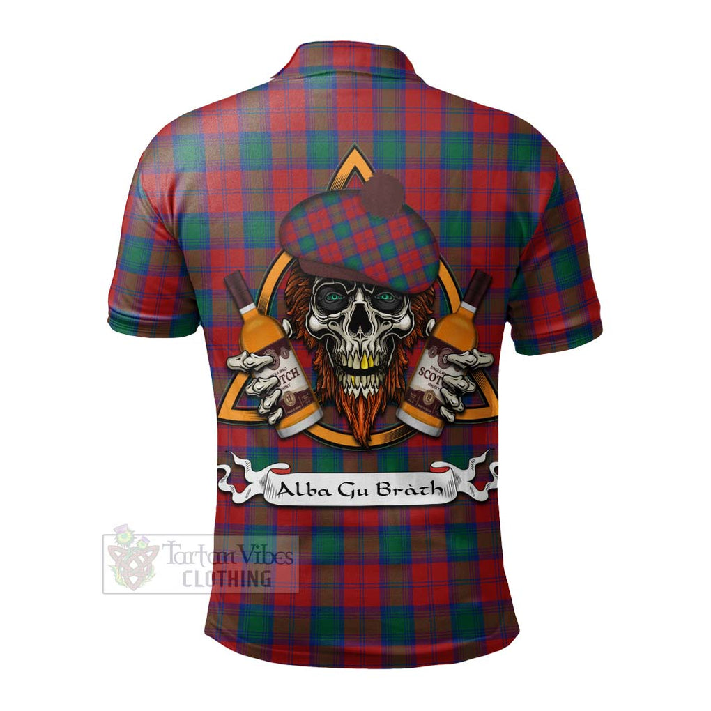 Tartan Vibes Clothing Fotheringham (Fotheringhame) Tartan Polo Shirt with Family Crest and Bearded Skull Holding Bottles of Whiskey