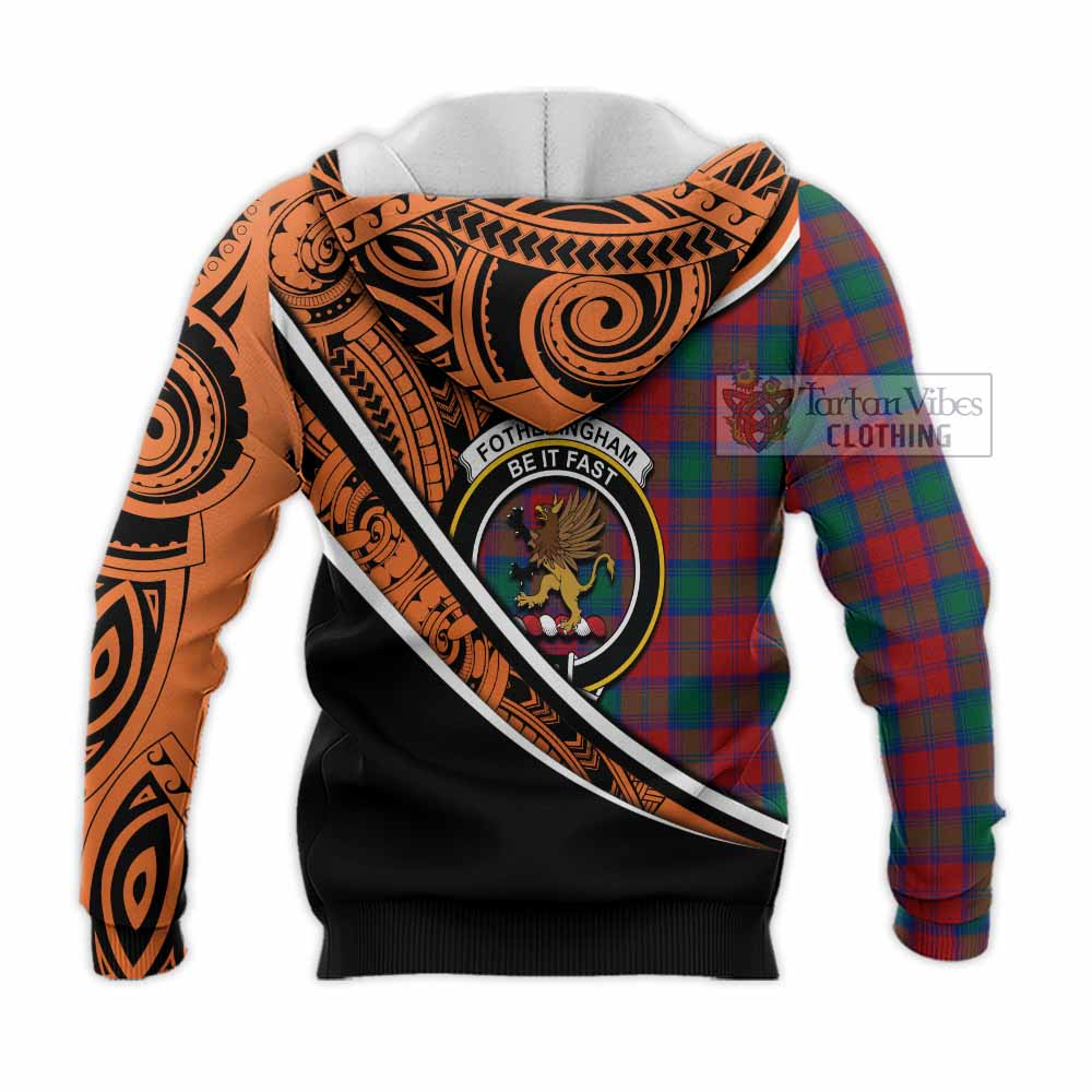 Tartan Vibes Clothing Fotheringham (Fotheringhame) Crest Tartan Knitted Hoodie with Maori Tattoo Style - Orange Version