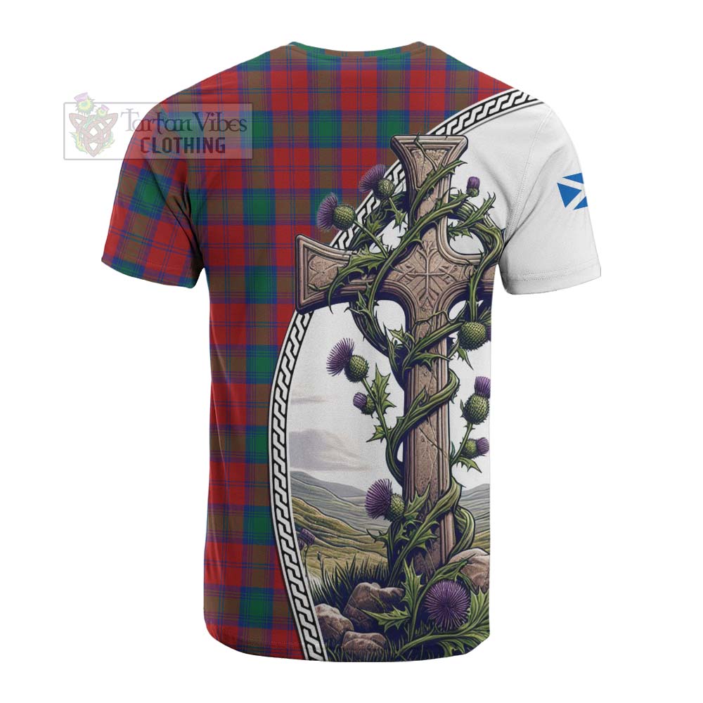 Tartan Vibes Clothing Fotheringham (Fotheringhame) Tartan Cotton T-shirt with Family Crest and St. Andrew's Cross Accented by Thistle Vines