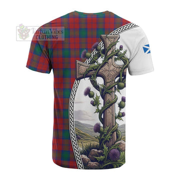 Fotheringham (Fotheringhame) Tartan Cotton T-shirt with Family Crest and St. Andrew's Cross Accented by Thistle Vines