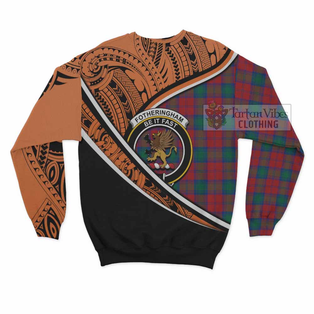 Tartan Vibes Clothing Fotheringham (Fotheringhame) Crest Tartan Sweatshirt with Maori Tattoo Style - Orange Version