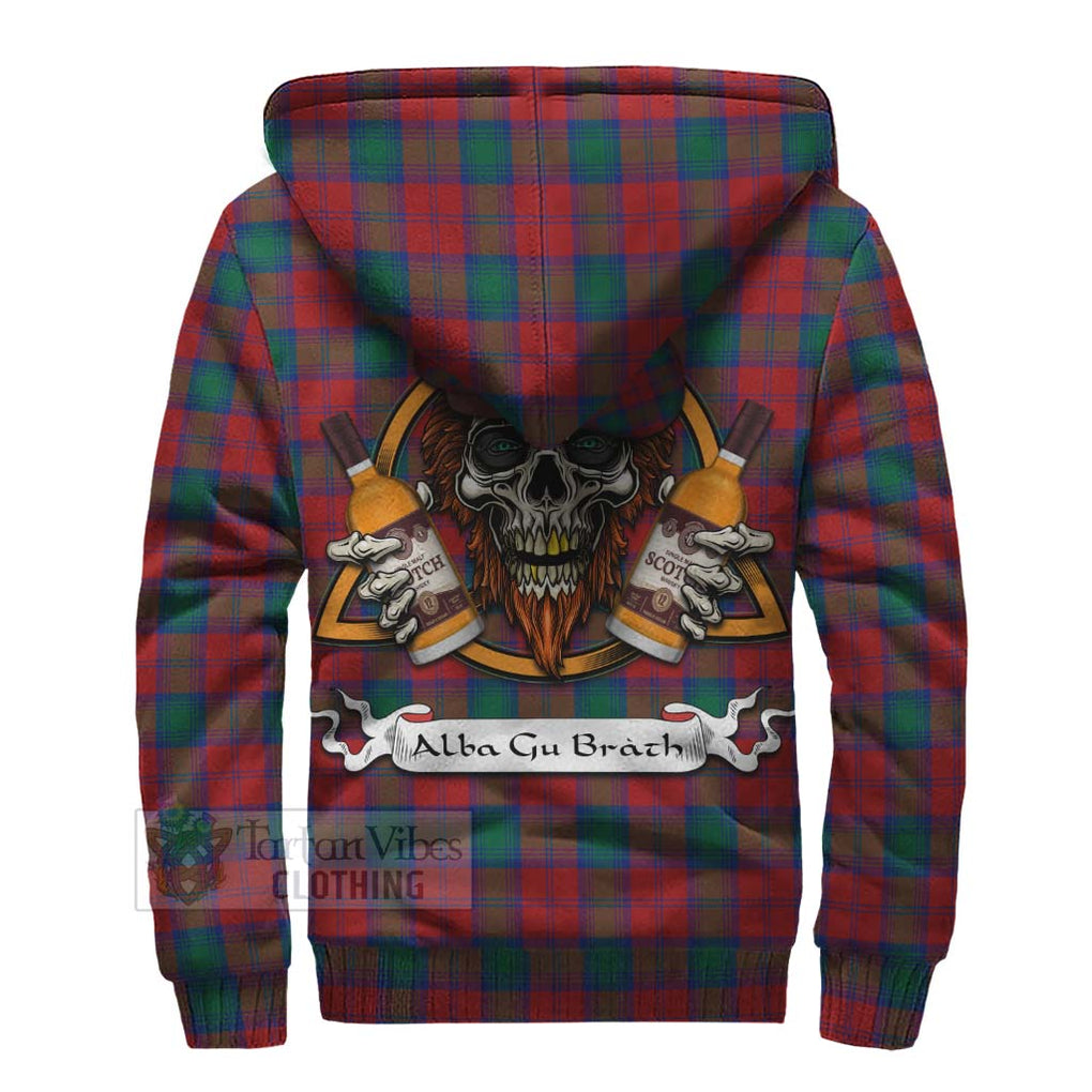 Tartan Vibes Clothing Fotheringham (Fotheringhame) Tartan Sherpa Hoodie with Family Crest and Bearded Skull Holding Bottles of Whiskey