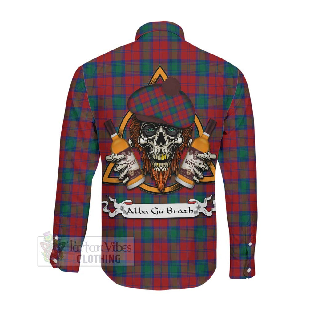 Tartan Vibes Clothing Fotheringham (Fotheringhame) Tartan Long Sleeve Button Shirt with Family Crest and Bearded Skull Holding Bottles of Whiskey