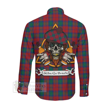 Fotheringham (Fotheringhame) Tartan Long Sleeve Button Shirt with Family Crest and Bearded Skull Holding Bottles of Whiskey