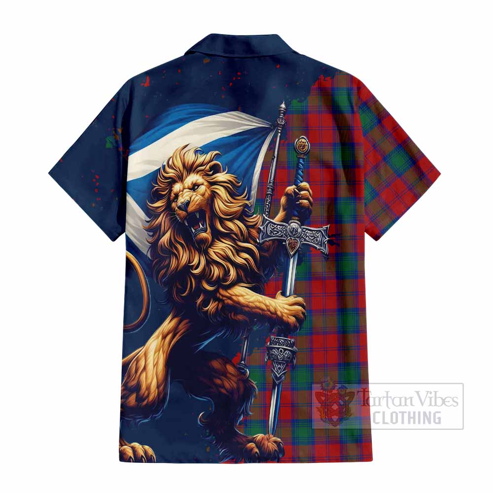 Tartan Vibes Clothing Fotheringham (Fotheringhame) Tartan Family Crest Short Sleeve Button Shirt with Scottish Majestic Lion